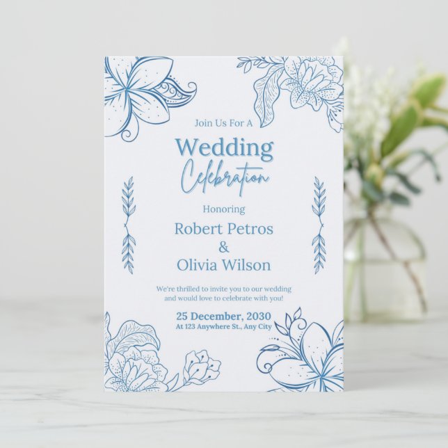 Classic Blue Floral Wedding Invitation (Standing Front)