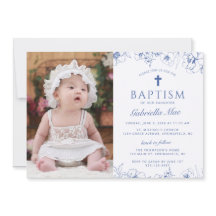 Classic Blue Flowers Baptism Photo Invitation