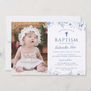 Classic  Blue Flowers Baptism Photo Invitation