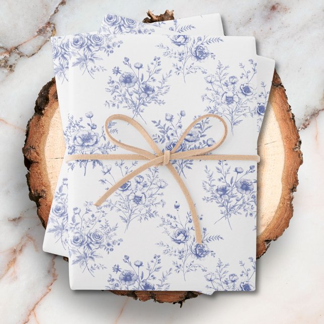 Classic Blue Flowers Pattern French blue toile Wrapping Paper Sheet (Close up)