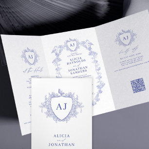Classic blue French floral QR code wedding Tri-Fold Invitation