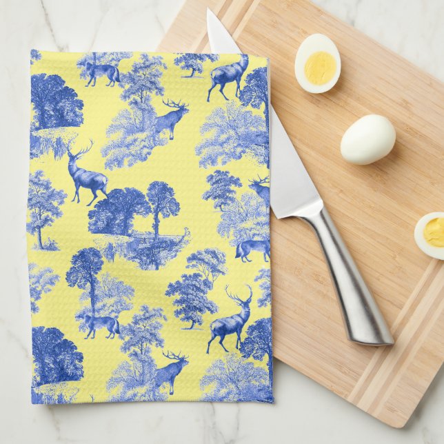 Classic Blue French Toile Deer Forest Pattern Tea Towel (Quarter Fold)