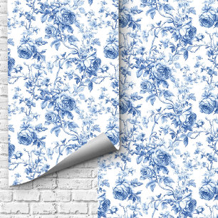 Classic Blue French Toile Roses Floral Wallpaper  