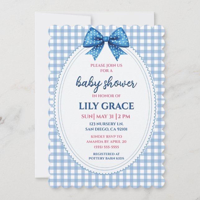 Classic Blue Gingham & Bow Baby Shower Invitation (Front)