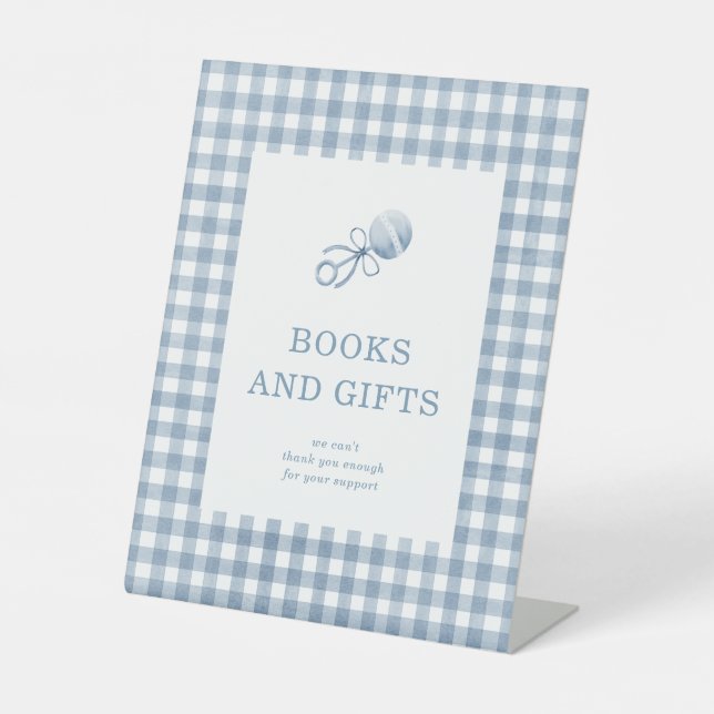 Classic Blue Gingham Boy Baby Shower Books & Gifts Pedestal Sign (Front)