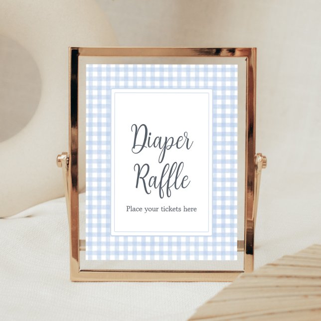 Classic Blue Gingham Diaper Raffle Poster (Boy Gingham Baby Shower Diaper Raffle Sign)