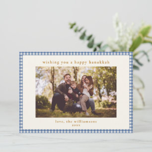 Classic Blue Gingham Family Photo Hanukkah Holiday Card
