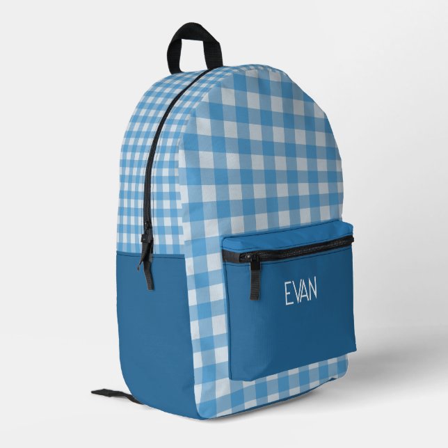 Classic BLUE Gingham Pattern Personalised School Printed Backpack (Back Corner Left)