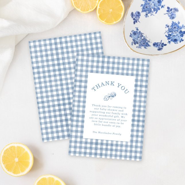 Classic Blue Gingham Rattle Boy Baby Shower Thank You Card (Creator Uploaded)