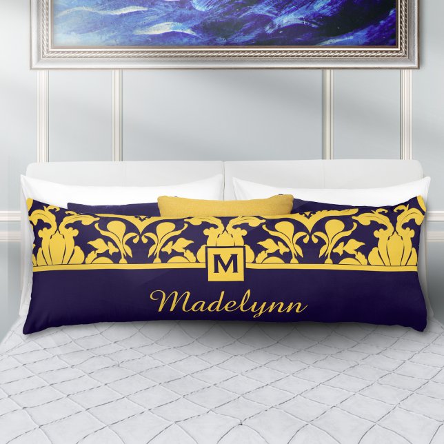 Classic Blue Gold Damask Monogram Body Cushion (Creator Uploaded)