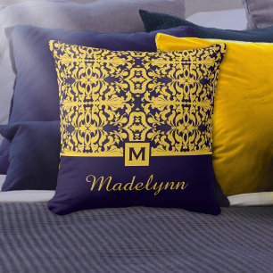 Classic Blue Gold Damask Monogram Cushion