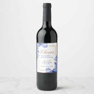 Classic Blue Gold Floral Chinoiserie Wedding Wine  Label