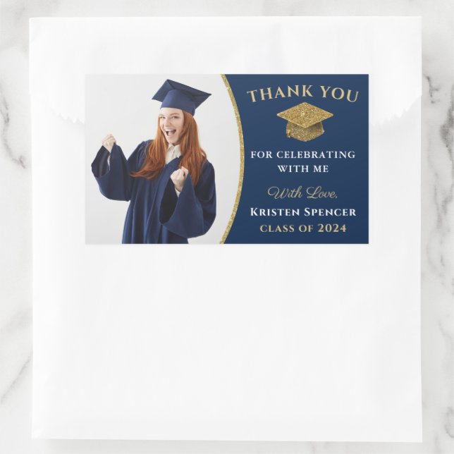 Classic Blue Gold Photo Graduation Thank You Rectangular Sticker (Bag)