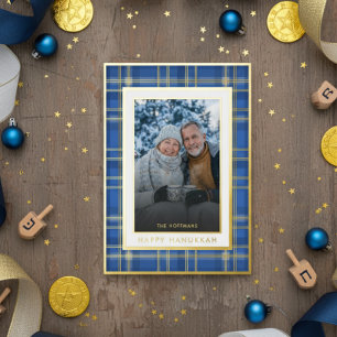 Classic Blue Gold Plaid Happy Hanukkah Photo Foil Holiday Card