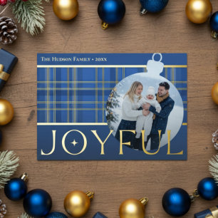 Classic Blue Gold Plaid Joyful Bulb Photo Foil Holiday Card