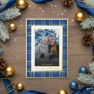 Classic Blue Gold Plaid Season's Greetings Photo Foil Holiday Card