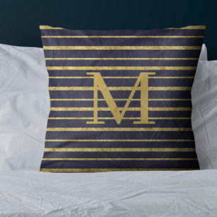 Classic Blue Gold Striped Monogrammed Cushion