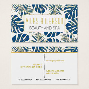 Classic blue, gold tropical leaves business cards
