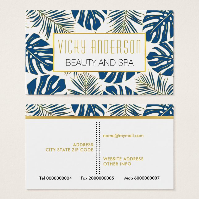 Classic blue, gold tropical leaves business cards (Front & Back)