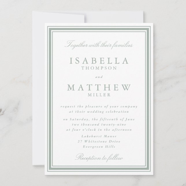 Classic Blue Gray Wedding Invitation with Border (Front)