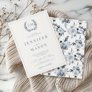 Classic Blue Grey Floral Boho Wedding Invitation