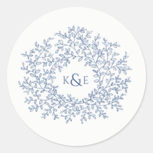Classic blue hand drawn leaf monogram art wedding round sticker