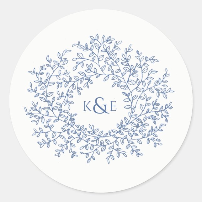 Classic blue hand drawn leaf monogram art wedding round sticker (Front)