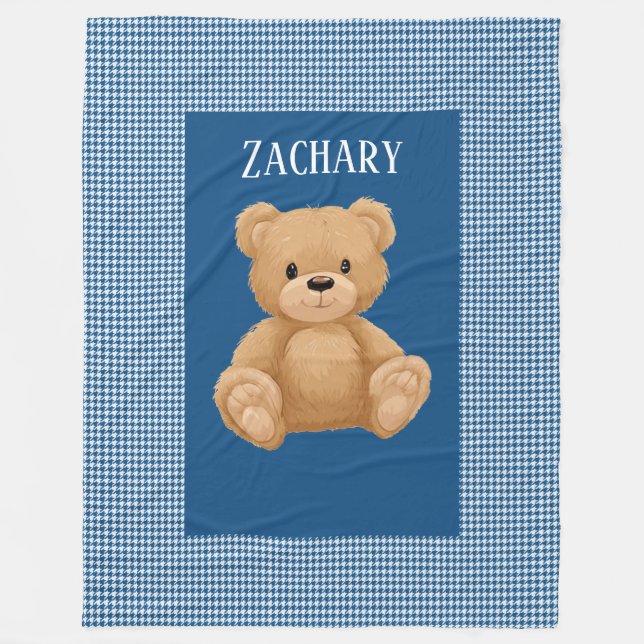 Classic Blue Houndstooth, Teddy Bear, Fleece Blanket
