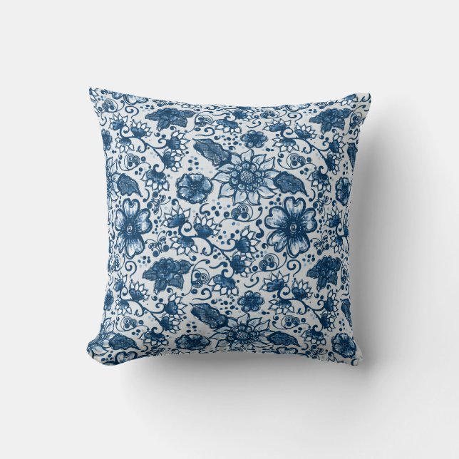 Classic Blue Hues | Bohemian Flowers Cushion (Front)
