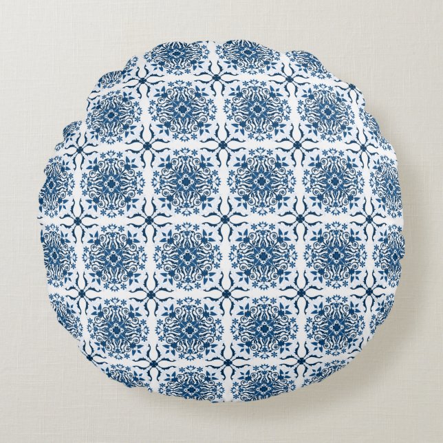 Classic Blue Hues Boho Style Beautiful Round Cushion (Front)
