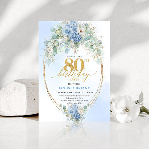 Classic Blue Hydrangea Eucalyptus 80th Birthday   Invitation