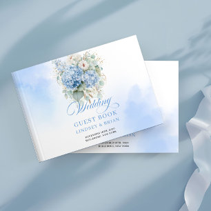 Classic blue hydrangea in gold wedding guest book