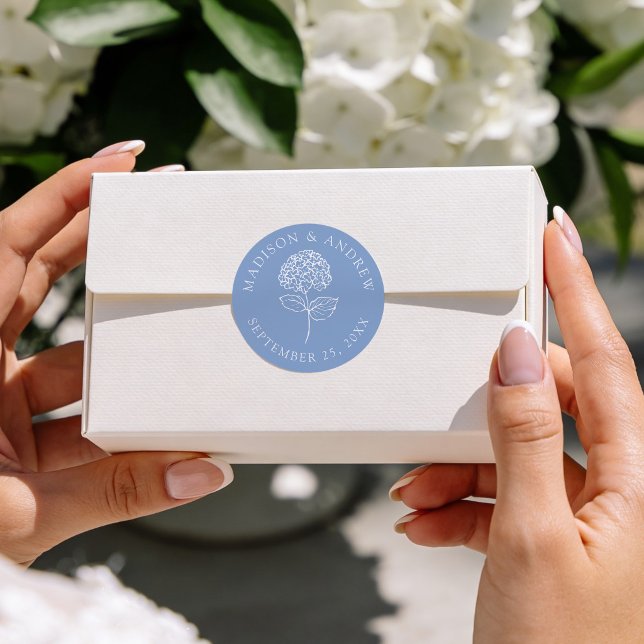 Classic Blue Hydrangea Personalised Wedding Round Sticker (Creator Uploaded)