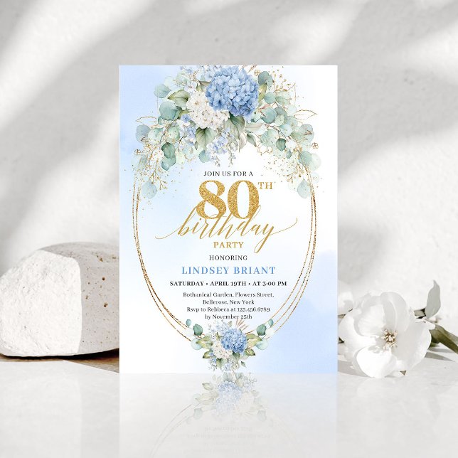 Classic Blue Hydrangea Watercolor 80th Birthday  Invitation (Classic Blue Hydrangea Watercolor 80th Birthday Invite)