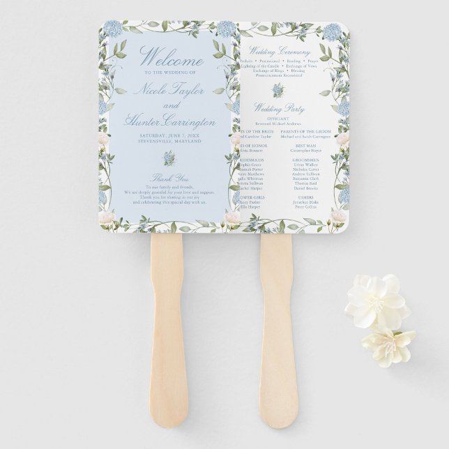 Classic Blue Hydrangea Wedding Ceremony Program Hand Fan (Creator Uploaded)