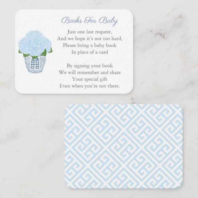 Classic Blue Hydrangeas Baby Shower Bring A Book Enclosure Card (Front/Back)