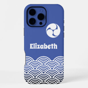 Classic Blue Japanese Wave Pattern with Your Name iPhone 16 Pro Max Case