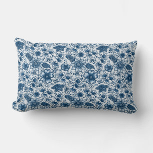 Classic Blue   Large Boho Style Floral Lumbar Cushion