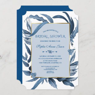 Classic Blue Leaves Gold Monogram Bridal Shower Invitation