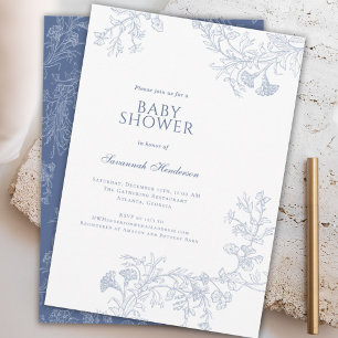 Classic Blue Line Drawn Floral Baby Shower  Invitation