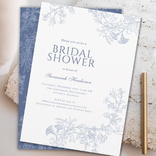 Classic Blue Line Drawn Floral Bridal Shower Invitation