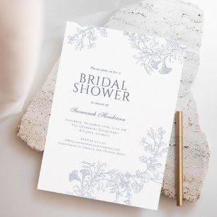 Classic Blue Line Drawn Floral Bridal Shower Invitation