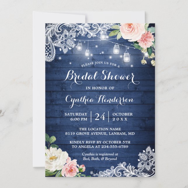 Classic Blue Mason Jar Lights Floral Bridal Shower Invitation (Front)