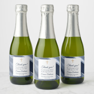 Classic blue modern 1st Communion, Baptism Favours Sparkling Wine Label
