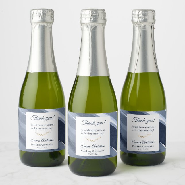 Classic blue modern 1st Communion, Baptism Favours Sparkling Wine Label (Bottles)