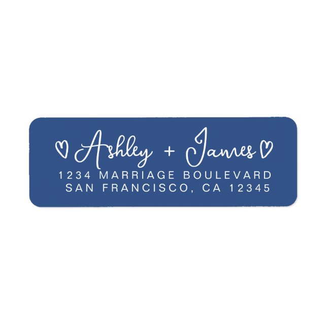 Classic Blue Modern Script Hearts Return Address Label (Front)