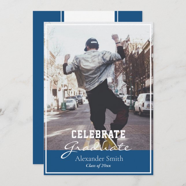 Classic Blue Modern Trendy Graduation Invitation (Front/Back)