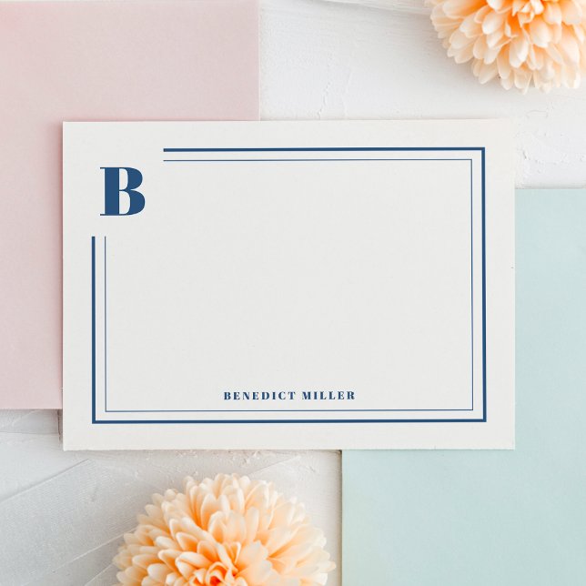 Classic Blue Monogram Border Stationery Card (Creator Uploaded)