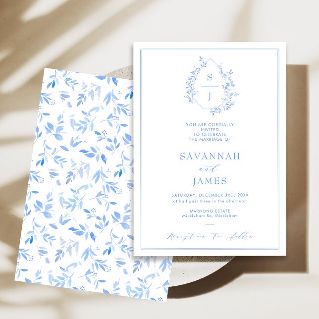Classic Blue Monogram Crest Wedding Invitation (Classic Blue Crest Wedding Invitation, Blue Monogram Wedding Invitation, Watercolor Foliage Crest)