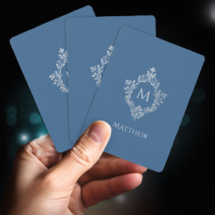 Classic Blue Monogram & Name Elegant Vintage Crest Playing Cards